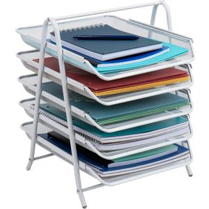 Mind Reader 5-Tier Paper Tray, Desktop Organizer, File Storage, Office, Metal Mesh, 11.75" L x 14" W x 14.5" H, White