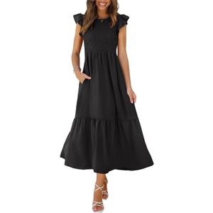 OFEEFAN Women's Casual Maxi Dresses with Pockets Ruffle Sleeve Smocked Dress 2XL, Black