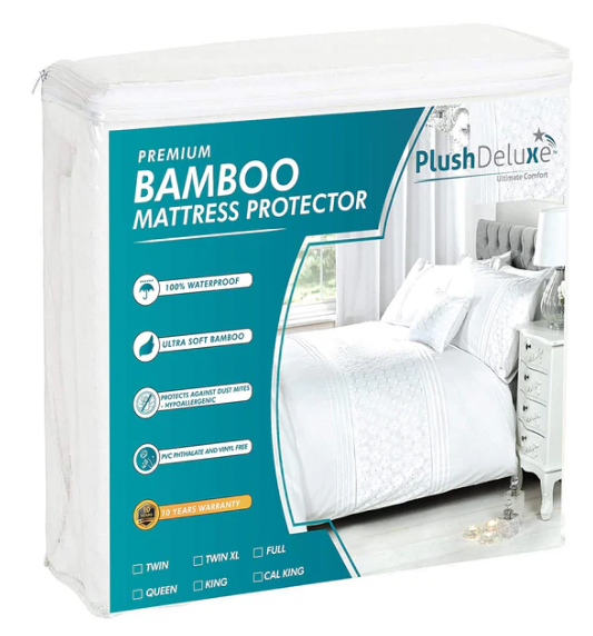 PlushDeluxe Premium Bamboo Mattress Protector – King Size, Waterproof, & Ultra Soft Breathable Noiseless Washable Bed Mattress Cover for Comfort & Protection - White