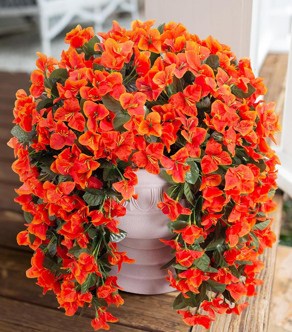 Artificial Bougainvillea Faux Flowers Plants for Outdoors Outside Fall Autumn Decor, 2 PCS Silk Trailing Vines UV Resistant Realistic Orange Fake Flowers for Planter Front Door Porch Patio Balcony