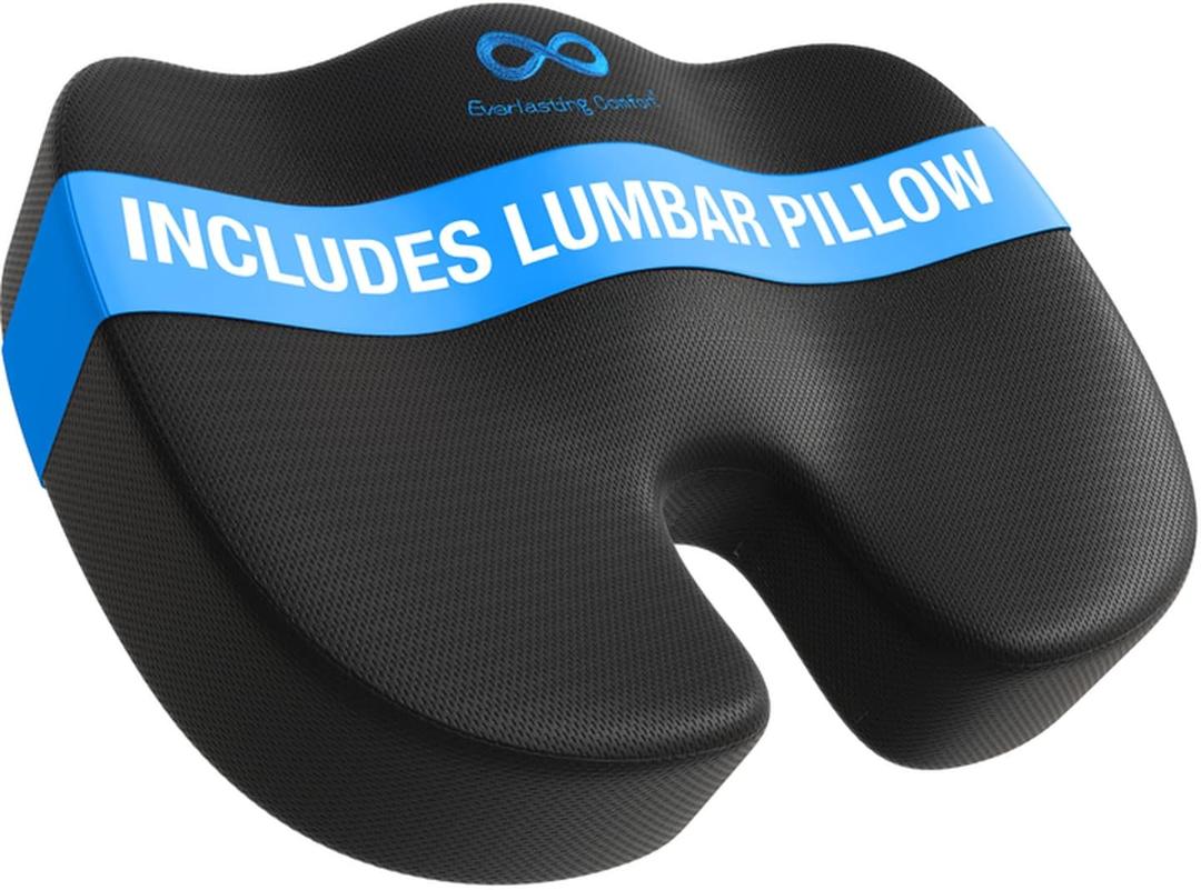 Everlasting Comfort Doctor Recommended Memory Foam Seat Cushion for Office Chairs & Car Seat - Ergonomic Office Desk Accessories for Tailbone Pain Relief, Sciatica & Back Support