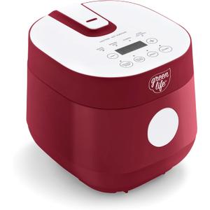 GreenLife Rice Cooker Digital 4-Cup (Cooked), Keep Warm, 4 Presets, Red