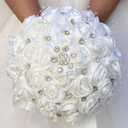 Bridal Wedding Bouquet Round Bling Brooch Bouquet Throw Toss Artificial Rose Flower Bunch for Bride Bridesmaid Wedding Quinceanera(Ivory, 9.8")