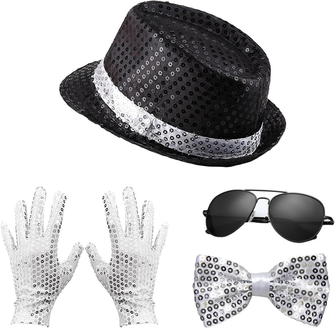 Dance Star Costume, Black Sequin Hat, Silver Glove, Bow Ties, Sunglasses for 80s 90s Role Play and Pop Stage Party Outfits