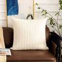 UGASA Corduroy Striped Soft Soild Decorative Square Throw Pillow Covers Set Cushion Cases Pillowcases for Sofa Bedroom, 1 Pc, 26x26inch, Cream