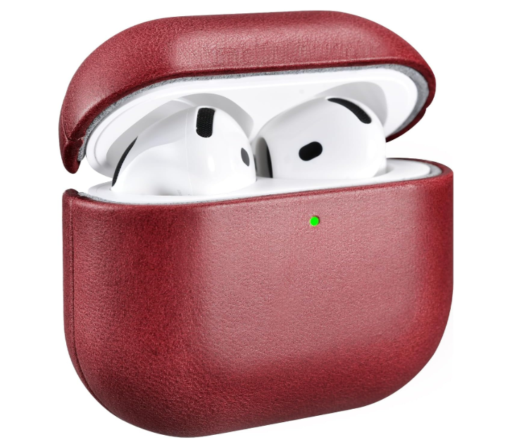 AirPods 4 Leather Case with Strap, ICARER Genuine Leather AirPod 4 Case with Strap and Led Light for Apple AirPods 4 (2024), Support Wireless Charging and MagSafe(Red)