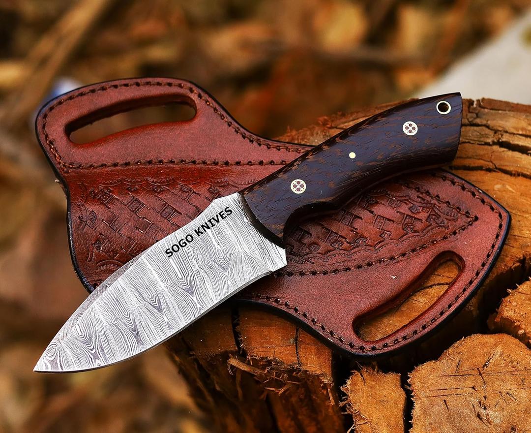 Fixed Blade Damascus Steel Hunting Knife with Leather Sheath, 9'' Full Tang Hunting Skinning,Non-Slip Wooden Handle,Camping Knife (VENGI)