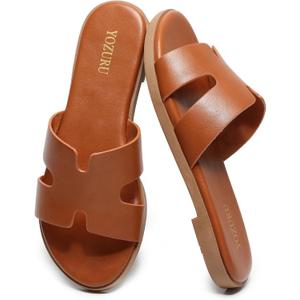Yozuru Womens Flat Sandals Open Toe Dressy Summer Sandals Comfortable Casual Slip on Leather Slides Sandals for women, 7, Brown