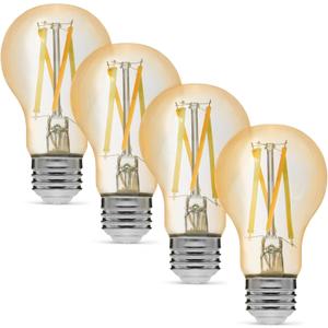 Amazon Basics A19 Smart Filament LED Bulb, Tunable White, Dimmable, Wi-Fi Enabled, Works with Alexa Only, Easy Setup, 2.4 GHz Wi-Fi, 4-Pack