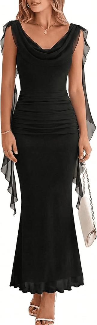 SKAYS Women's Ruffle Cowl Neck Dress Bodycon Sleeveless Maxi Long Summer Wedding Guest Cocktail Party Formal Dress X-Large 