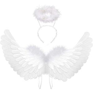 Angel Costume Wings and Halo Angel Costume Wings for Girls Kids Angel Feather Wings for Halloween Christmas Eve (White), 6 Packs