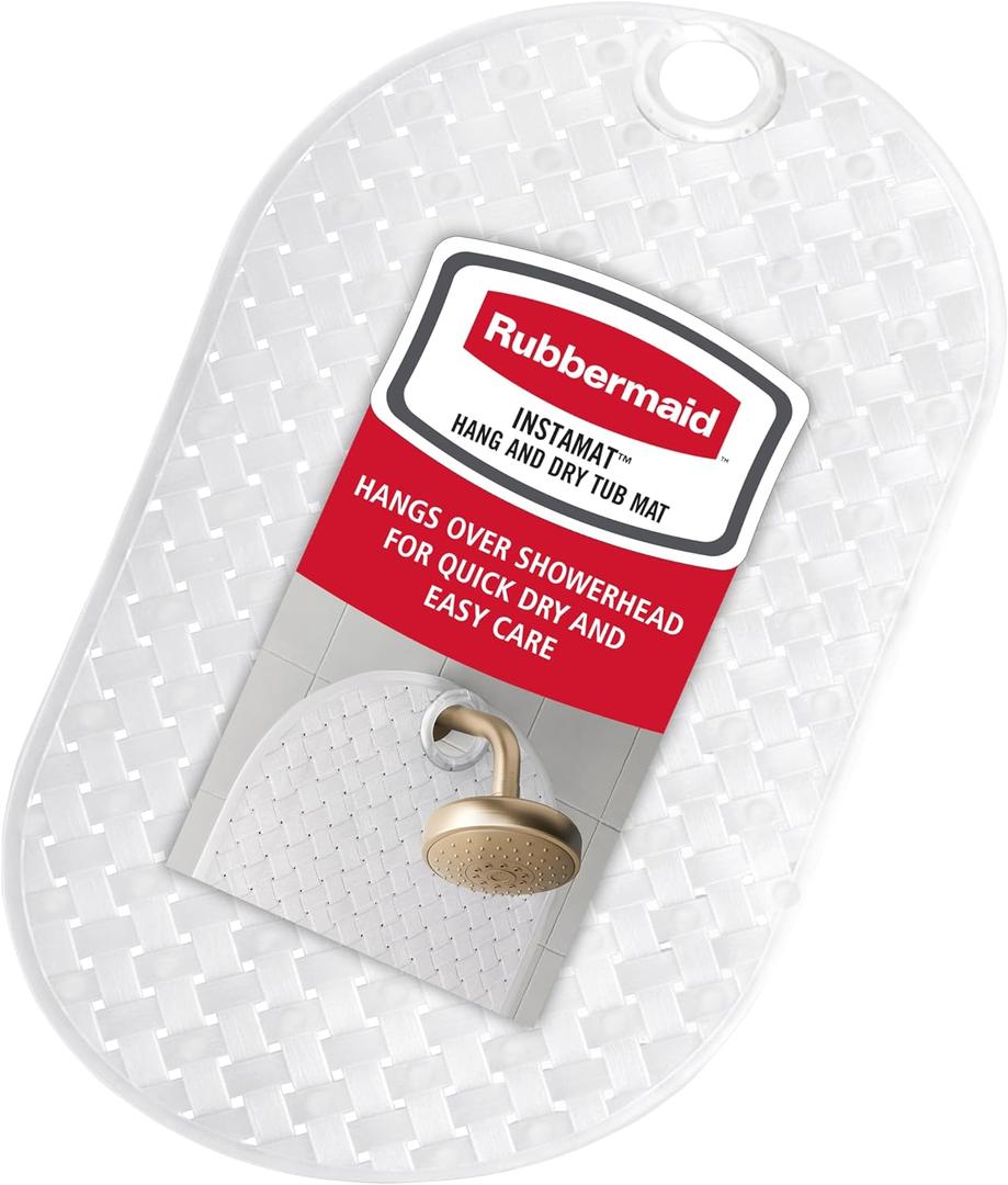 Rubbermaid INSTAMAT Bath Tub Shower Mat, Non-Slip Tub Mat with Suction Cups, Bath Mat Hangs on Showerhead for Quick Dry, 27.2 x 15.2 Inch, BPA-Free, Easy to Clean, for Inside Tub or Shower, Clear