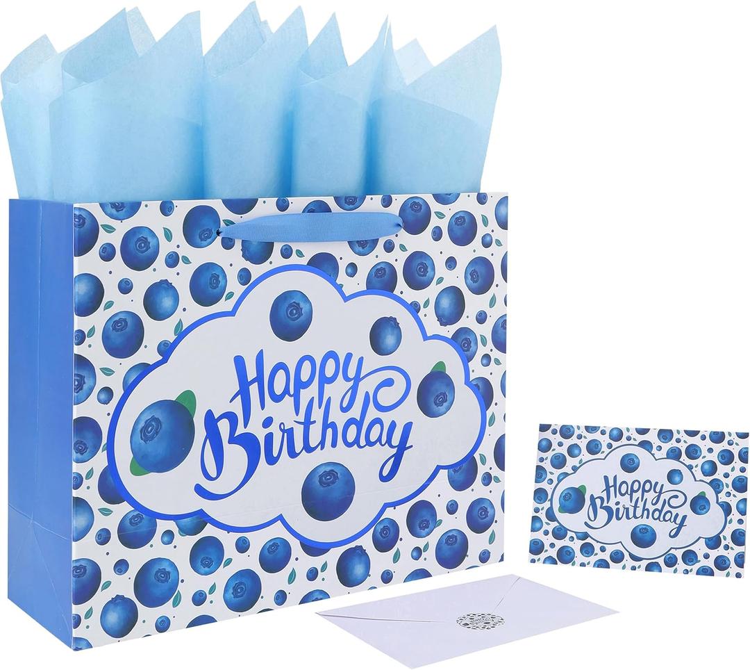 2 x 13'' Large Blueberry Happy Birthday Gift Bag Set with Handles, Greeting Card, Tissue Papers and Stickers for Boys Girls Kids Teens Women Men, Fruit Themed Birthday Design, 1 Pcs