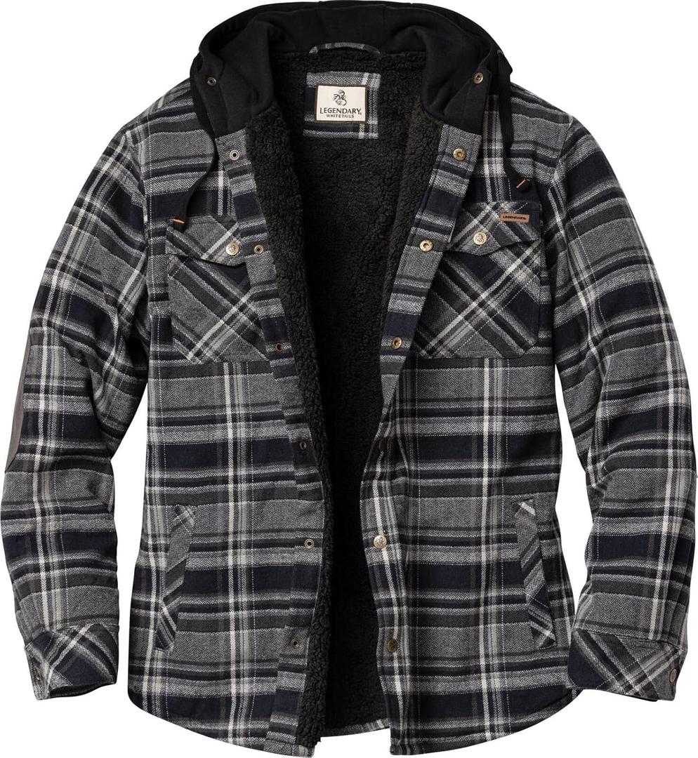 Legendary Whitetails Men's Hooded Shirt Jacket Plaid Flannel Berber Lined Polyfill Insulated (Large)