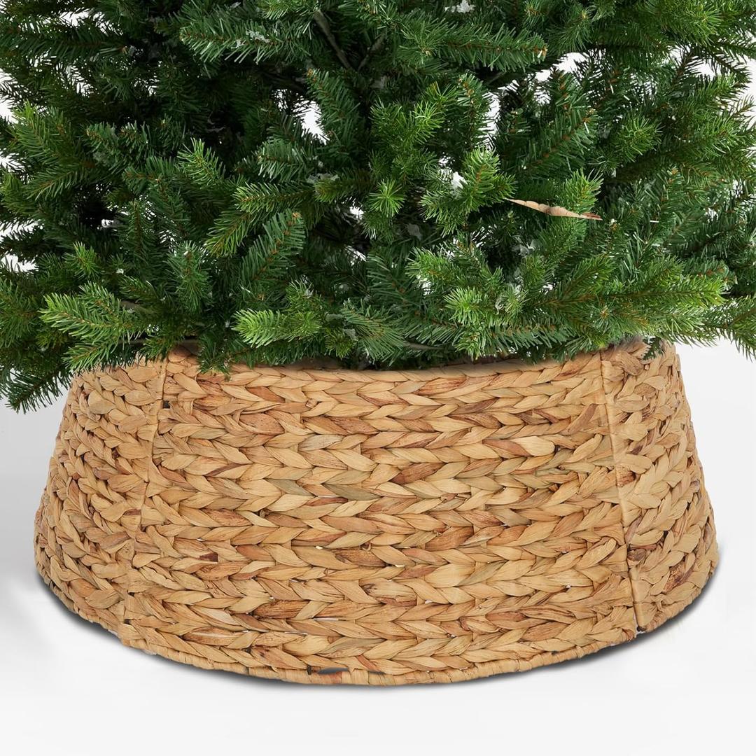 SUNNYPARK Christmas Tree Collar, 23.5 Hand-Woven Natural Water Hyacinth Christmas Tree Collar Basket Base Cover - Light Brown