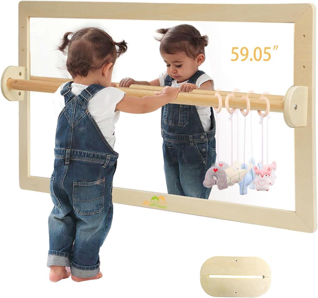 Infant Coordination Mirror Montessori Safety Pull up Bar Baby MirrorAcrylic Non-Glass Early Learning to Walk Mirror Upgrade Dual-Use with Base for Lengthened Version Hanging Toys 59.05”, 59.10"L x 26.00"W