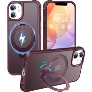 HuwaiH 360 Rotatable Magnetic Ring Stand for iPhone 12/12 pro Case, Compatible with MagSafe, Military-Grade Shockproof, Anti-Scratch Matte Translucent Phone Case(Burgundy)