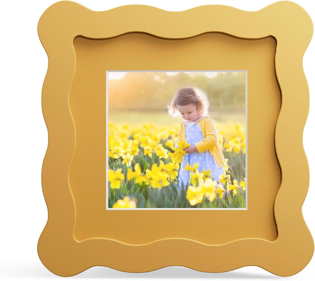 4x4 Picture Frame with Mat for 3x3, Wavy Edge Wooden Real Glass Photo Frame for Tabletop and Wall Hanging, Yellow, 1 Pack