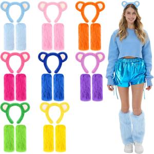 8 Sets of Halloween Bear Costume for Women, Colorful Bear Ears Headband and Faux Fur Fuzzy Leg Warmers Animal Ears Headwear Furry Boot Covers for Adult Cosplay Halloween Costume Accessories