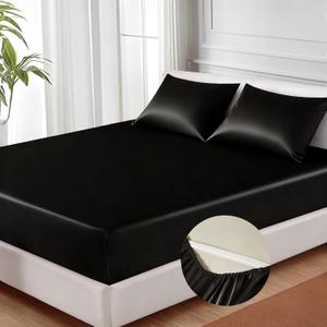 MR&HM Satin Fitted Sheet Queen Size, Silky Bottom Sheet with Elastic Corner Straps, Deep Pocket up to 15 Inch, No More Slipping Off for Mattress - 1 Fitted Sheet Only (Black)