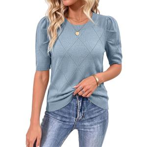 Dokotoo Women's Short Puff Sleeve Tops 2026 Crewneck Pullover Sweater | Spring, Summer, Elegant, Fashion, Casual, Crochet Tops for Women, Solid Color, Fall Outfits (Blue, XL)