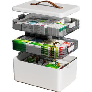 JWShang 3-Tier Medicine Storage Box with Leather Handle Portable Partitioned Medicine Cabinet with Moisture-Proof Empty First Aid Kit Organizer for Home, Dorm, Office, Travel
