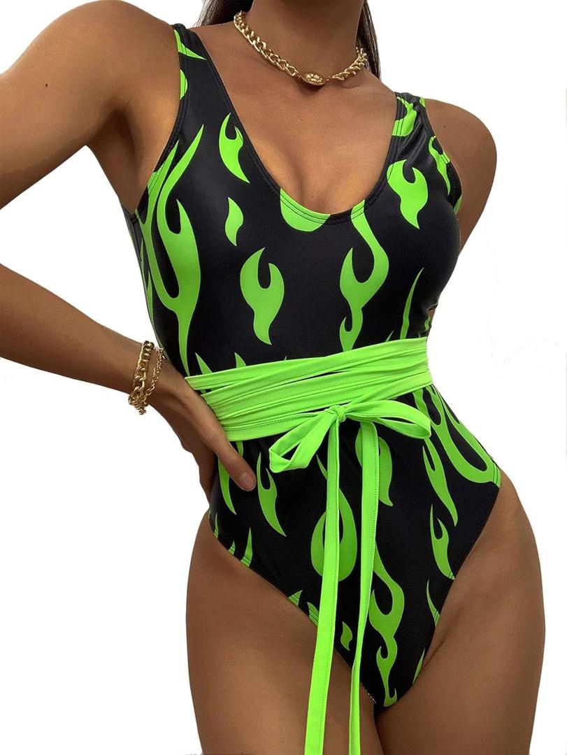 Womens One Piece Flame Print High Cut Bodysuit Swimsuit Bikini Swimwear Bathing Suit Rave Costume (Small, Neon Green)