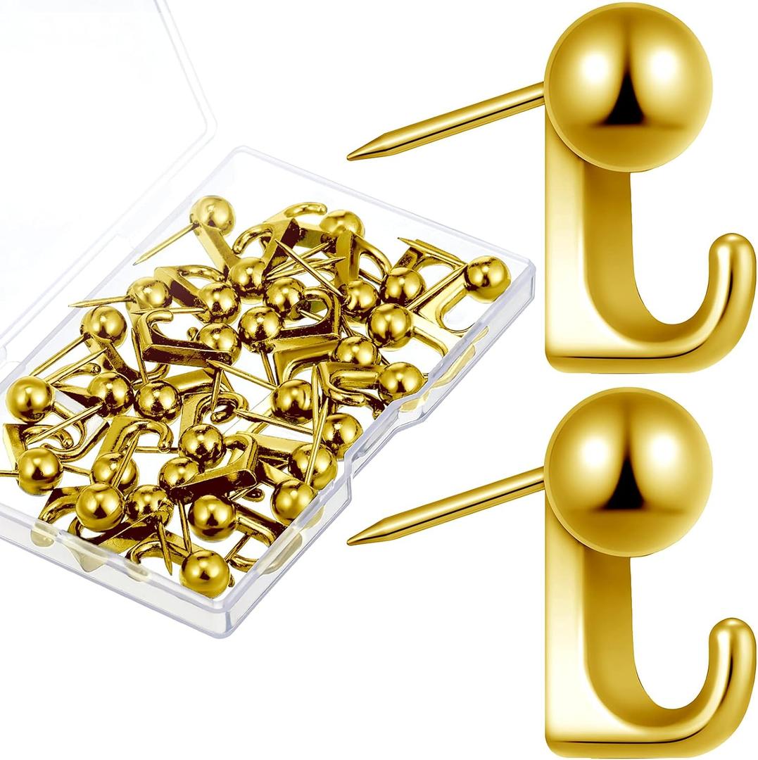Jetec 30 Pieces Metal Push Pin Hangers Pin Wall Hooks Picture Hanging Picture Nails Frame Oil Painting Hooks on Wooden or Fabric Wall for Home or Office (Gold)