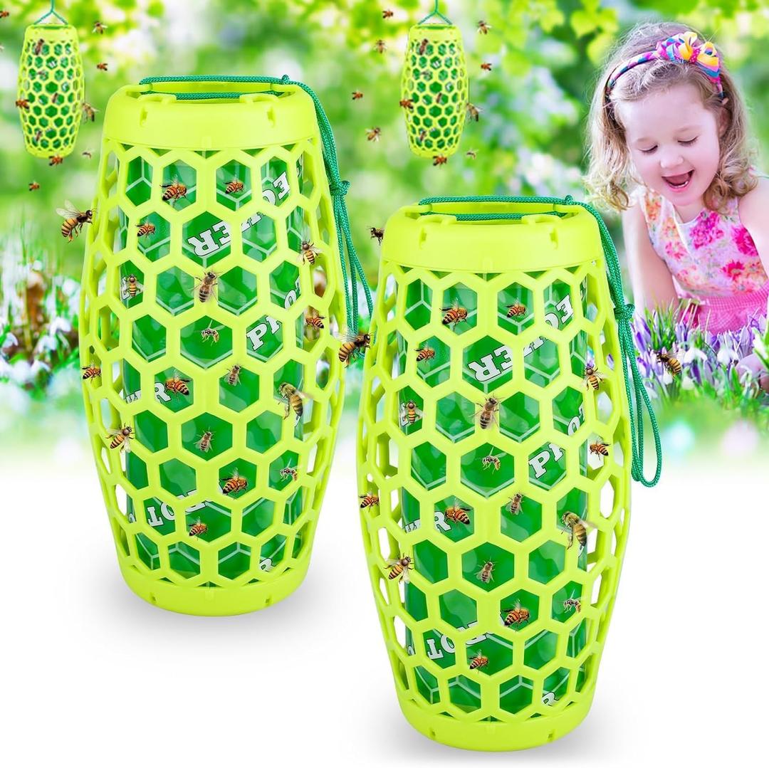 Wasp Trap Bee Catcher - Outdoor Hanging Carpenter Bee Traps with 4 Sticky Boards, Non-Toxic Reusable Hornet & Yellow Jacket Trap, 2 Pack (Green)