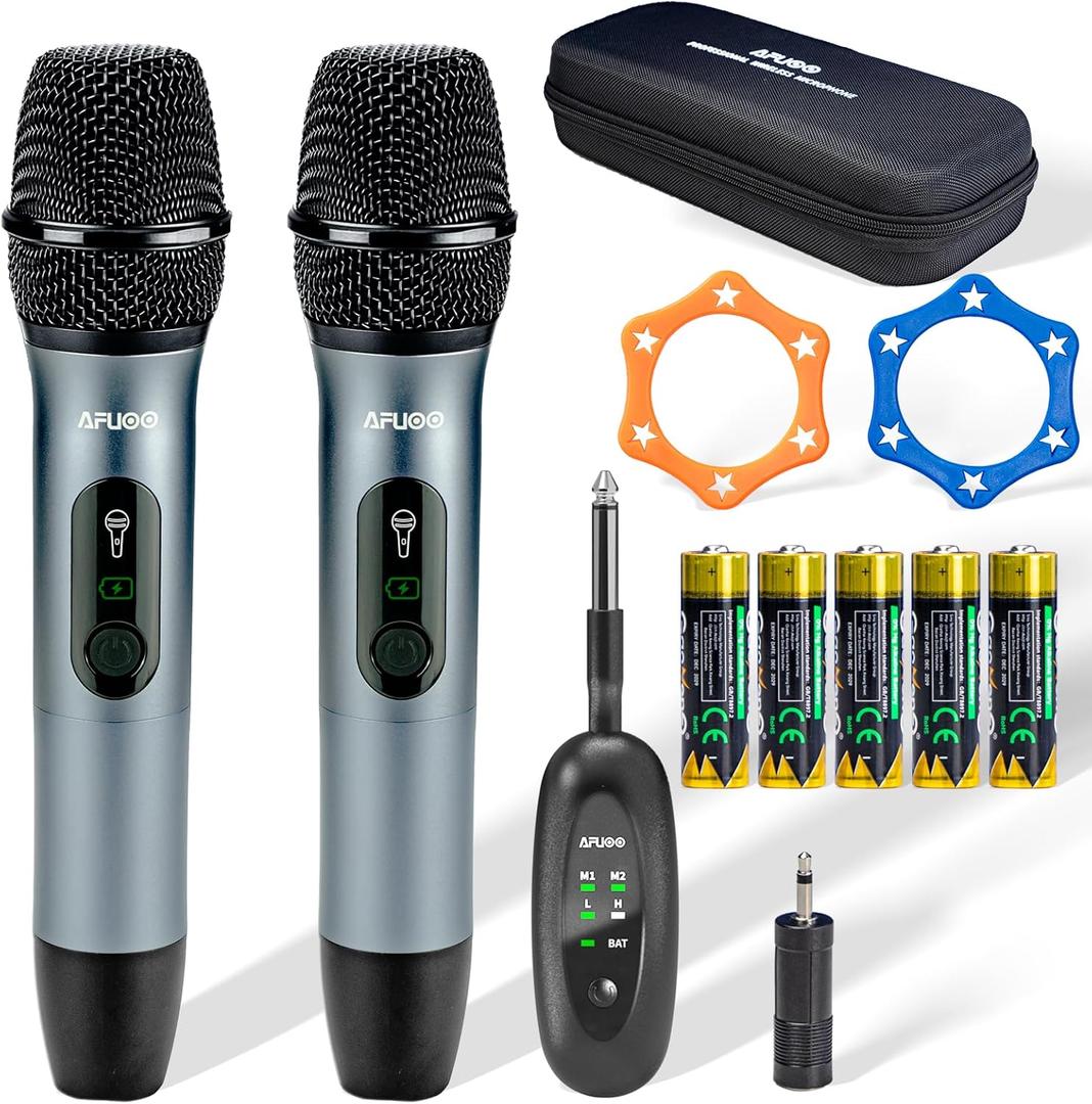 Wireless Microphone Set for Singing, Speeches & Events, 2.4GHz Dual-Mic Receiver, 200ft, Storage Bag Included, Metal Cordless Mic 2 Pack for Karaoke Machines, PA Systems, PartyBox, Gray-Blue