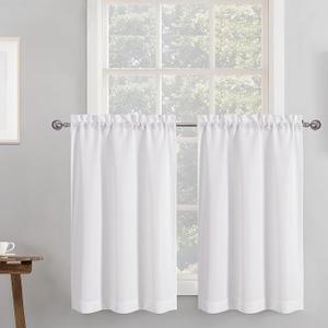 White Curtains 25X30 Inch Length, Faux Linen Textured Small Cafe Curtain, Light Filtering Short Curtains for Bathroom Curtain Window, 2PCS