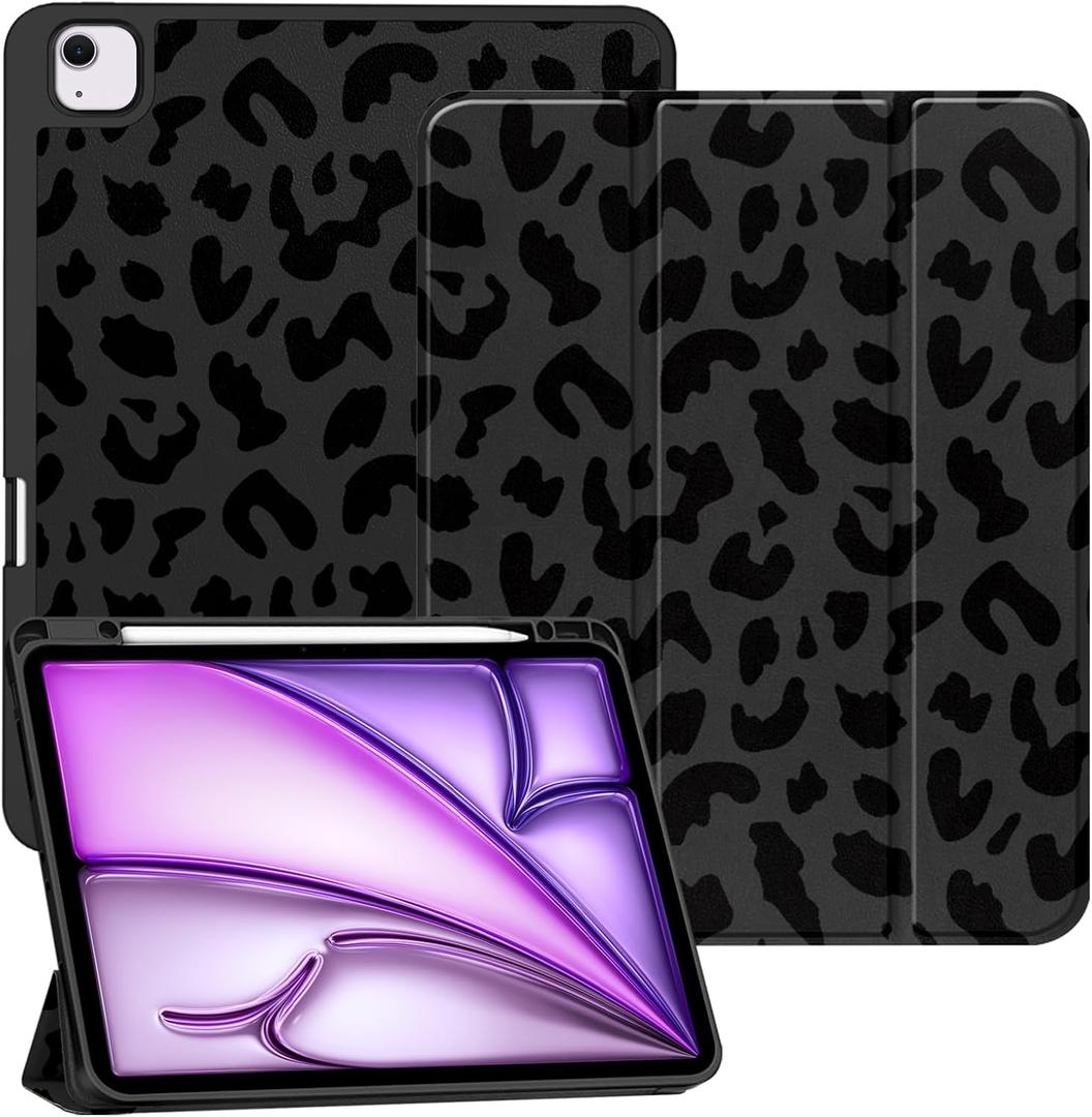 Compatible with iPad Air 13 Inch M4 2026/ M3 2025/M2 2024 Case with Pencil Holder TPU Back Case Auto Sleep/Wake Cover Cute Women Men Girls-Black Leopard Cheetah