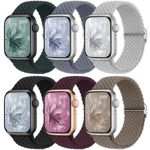 6 Pack Braided Stretchy Bands Compatible with Apple Watch Band 38mm 40mm 41mm 42mm 44mm 45mm 46mm 49mm Women Men, Adjustable Nylon Solo Loop Elastic Straps for iWatch Series 11 10 9 8 7 6 5 4 SE Ultra
