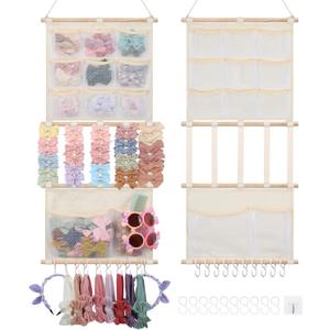 Bow Holder Hair Clip Organizer Headband Holder w/Mesh Pockets | Hair Bow Organizer for Girls, 35x13.7 Inch Baby Headband Organizer Bow Storage for Women, Nursery Wall Hanging Room Decor