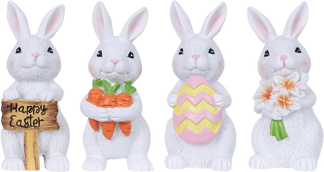MEETYAMOR Easter Decorations, 4 PCS Bunny with Egg Carrots for Easter Decor, Farmhouse Rustic Resin Figurines Bunny Decorations Indoor for Home, Tables, Tiered Tray, Mantle