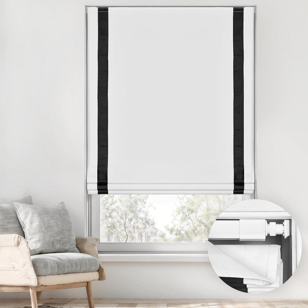 LazBlinds No Tools No Drill Cordless Roman Shades for Windows, Blackout Thermal Insulated UV Blocking Window Blinds, Room Darkening Fabric Blinds for Indoor Windows, 38'' W x 64'' H, White-Black
