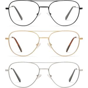 3-Pack Retro Aviator Reading Glasses for Men Women Trendy Square Blue Light Blocking Computer Readers Metal AM6092A (Shiny Black+gold+silver)