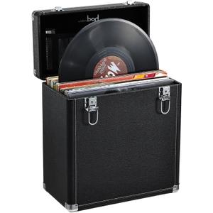 Hododou Vinyl Record Storage Box with Lock Record Organizer Storage for 30+ Single Records 12-inch Water Resistant Collapsible Storage Crate with Lid Handle Mesh Pouch for Valuable Album Collection (Black)