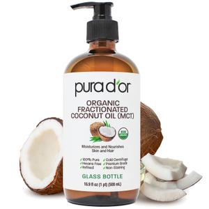 PURA D'OR 16.9 Oz ORGANIC Fractionated Coconut Oil (GLASS BOTTLE) USDA Certified MCT Oil  Therapeutic, Lightweight Moisturizer  Hexane Free Carrier Oil For Essential Oils, Massage  Face, Hair, Body
