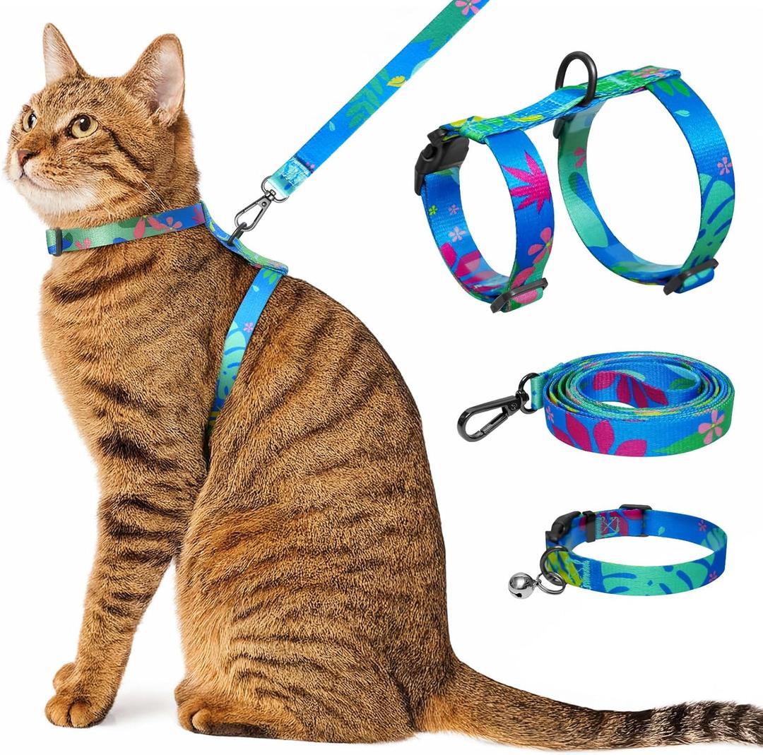 Cat Harness and Leash Set with Matching Collar  Escape Proof Harness for Cats, Adjustable & Lightweight, Tropical Hawaiian Leaf Print, Easy Wear for Outdoor Walking & Training