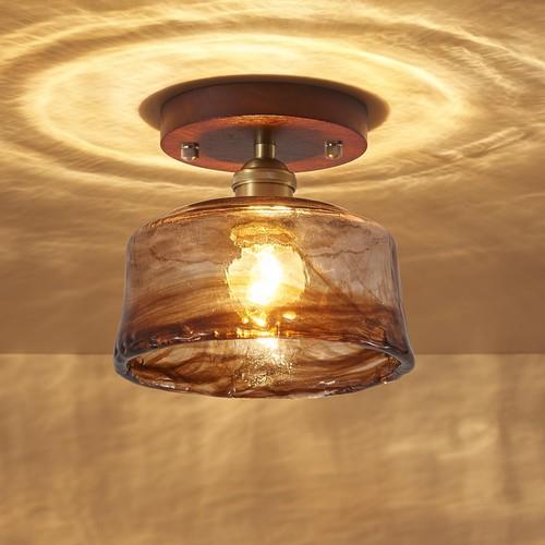2 Pack 6.7'' Semi Flush Mount Ceiling Light,MidCentury Modern Ceiling Light Fixture,Brown Glass Lampshade Vintage Hallway Lights Fixtures,Wood Base Flush Mount Ceilings Lights【No Bulb Included】