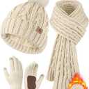 Winter Hat Scarf Gloves Set,Fleece Lined Pom Pom Beanie Hat Warm Knit Long Scarf Touchscreen Gloves Winter Gifts for Women (Beige)
