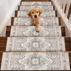 Capslpad Stair Treads Non Slip, 15 Pack 30"X8" Super Non Slip Reusable Staircase Step Treads, Soft Rubber Stair Treads for Wooden Steps, Pets, Elders (Light Brown)