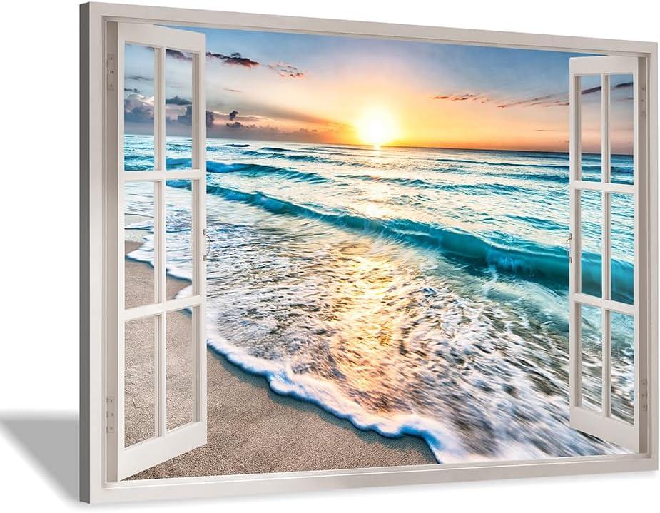 Hardy Gallery Open Window Sunset Beach Canvas Wall Art 36x24 Inch