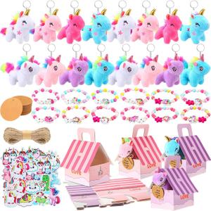 Remuuly 88 Pcs 12 Sets Unicorn Party Favor for Girls Mini Unicorns Stuffed Animals Bulk Plush Keychains Gift Box Bracelet Sticker for Goodie Bag Birthday Students