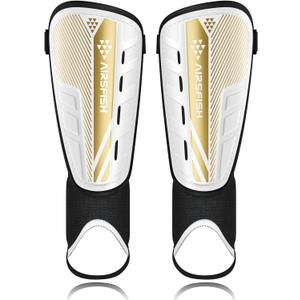 Upgraded Soccer Shin Guards for Kids Youth Adults, CE Certified AirsFish Shin Guard Sleeves Protection Gear for Boys Girls Soccer Games EVA Cushion Reduce Shocks and Injuries (Medium, White+Gold)
