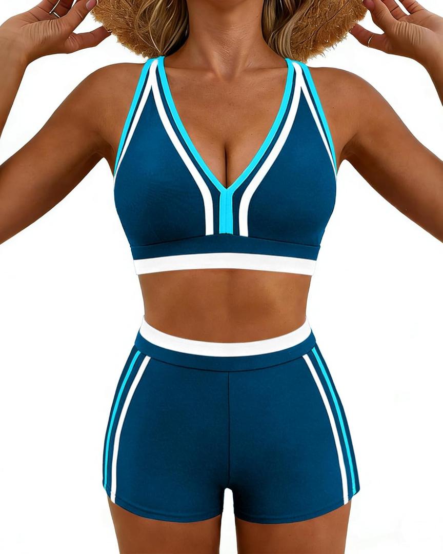 XUNYU Tankini Swimsuits for Women Tummy Control Bathing Suit Sporty 2 Piece High Waisted Boy Shorts Teens Modest Swim Suits. XL