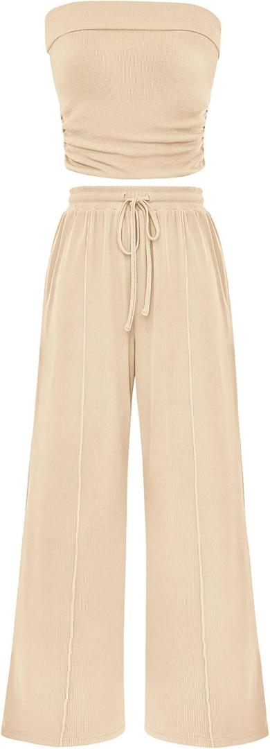 PRETTYGARDEN Womens Summer Outfits 2 Piece Sets Casual Ribbed Knit Crop Tube Top Wide Leg Pants Spring Matching Lounge Set (Small, Apricot)