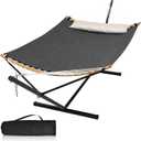 Double Hammock with Stand, Quick Dry Hammock with 12FT Stand for Outside, Poolside, 450 Lbs Capacity, Dark Grey