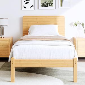 14in High Solid Bamboo Wood Platform Twin Size Bed Frame with Headboard, Reinforced Heavy Duty Metal Slats, Noise Free, No Box Spring Needed, Easy Assembly (Natural)